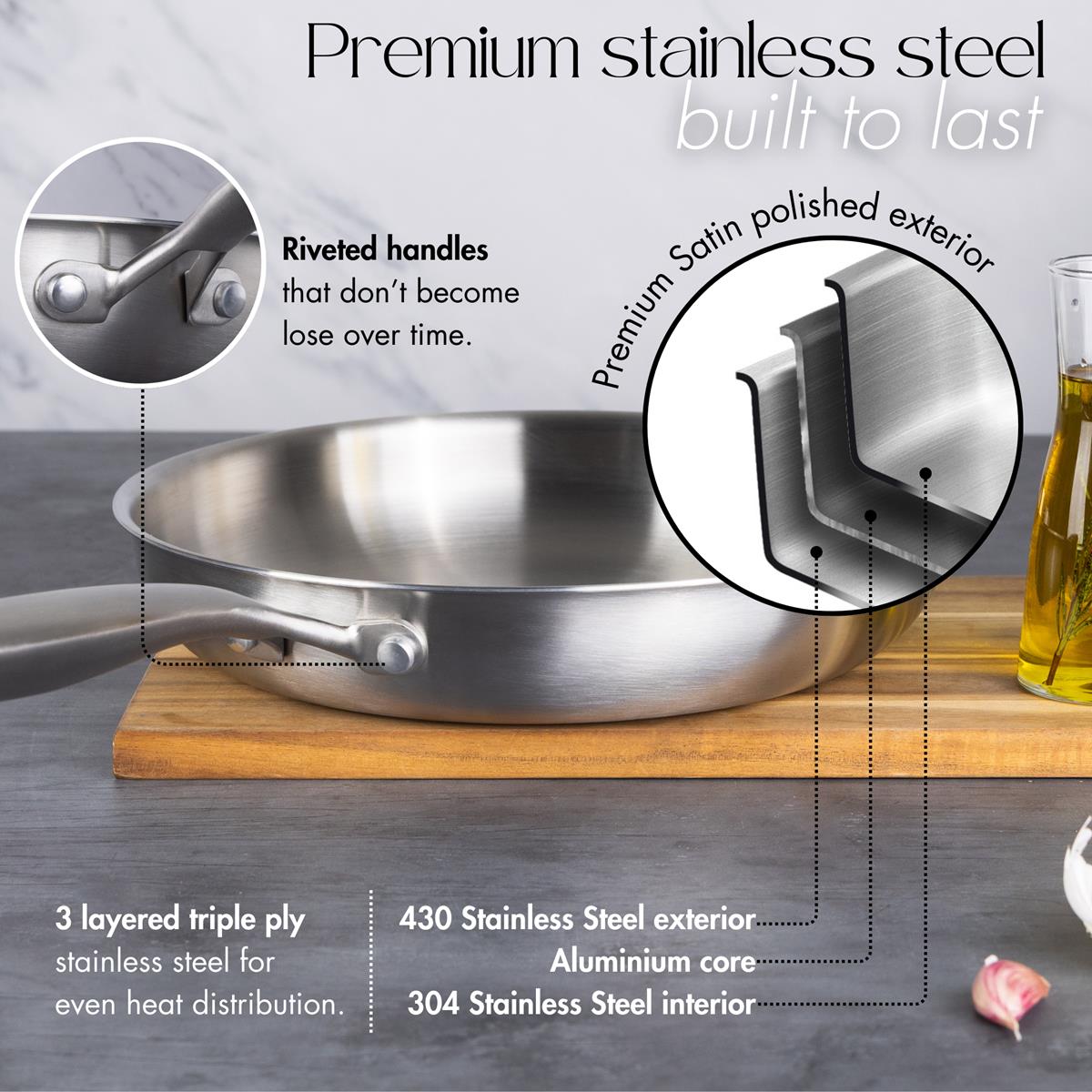 30cm Stainless Steel Frying Pan with Lid, Nuovva - Image 5