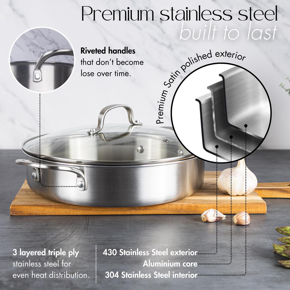 Stainless Steel Shallow Casserole Dish with Lid, Nuovva - Image 5